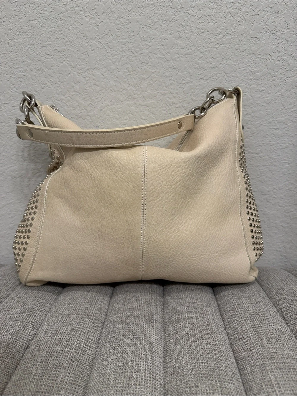 Furla Cream Studded Leather Hobo Shoulder Bag